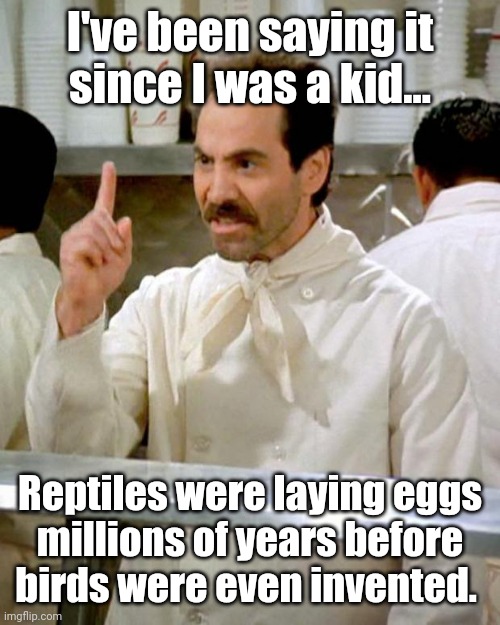 Soup Nazi | I've been saying it
since I was a kid... Reptiles were laying eggs
millions of years before
birds were even invented. | image tagged in soup nazi | made w/ Imgflip meme maker