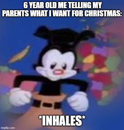 YAKKO | 6 YEAR OLD ME TELLING MY PARENTS WHAT I WANT FOR CHRISTMAS:; *INHALES* | image tagged in yakko | made w/ Imgflip meme maker