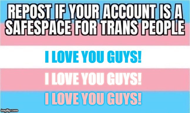 No judging here | I LOVE YOU GUYS! I LOVE YOU GUYS! I LOVE YOU GUYS! | image tagged in trans safespace,love is love | made w/ Imgflip meme maker