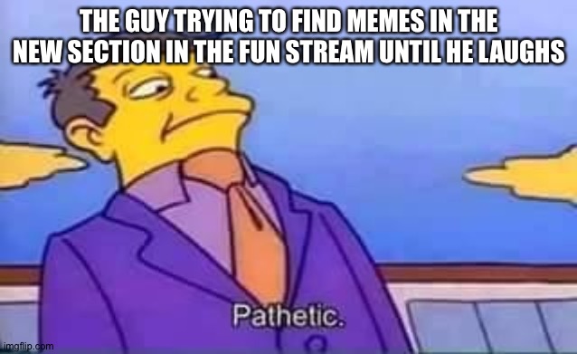 skinner pathetic | THE GUY TRYING TO FIND MEMES IN THE NEW SECTION IN THE FUN STREAM UNTIL HE LAUGHS | image tagged in skinner pathetic | made w/ Imgflip meme maker