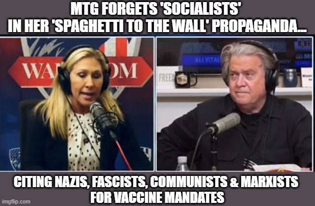MTG's "Hippo Rights" not so precious if BS propaganda's more advantageous | MTG FORGETS 'SOCIALISTS' 
IN HER 'SPAGHETTI TO THE WALL' PROPAGANDA... CITING NAZIS, FASCISTS, COMMUNISTS & MARXISTS 
FOR VACCINE MANDATES | image tagged in marjorie taylor green,steve bannon,gop idiots | made w/ Imgflip meme maker