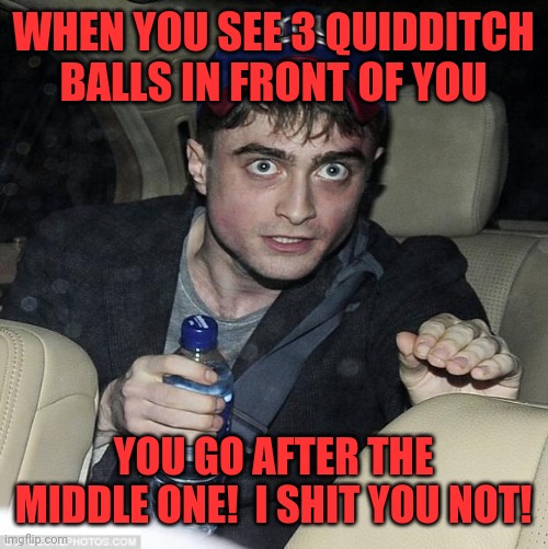 Quidditch | WHEN YOU SEE 3 QUIDDITCH BALLS IN FRONT OF YOU; YOU GO AFTER THE MIDDLE ONE!  I SHIT YOU NOT! | image tagged in harry potter crazy,drank,crunked,sloshed,motor oil | made w/ Imgflip meme maker