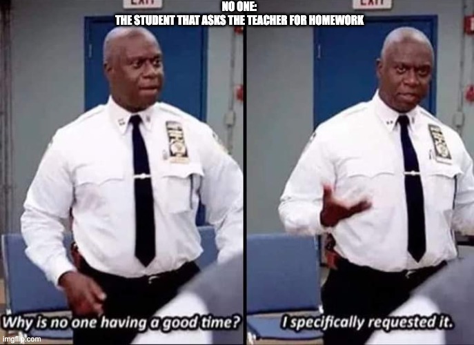 anyone relate to this |  NO ONE:
THE STUDENT THAT ASKS THE TEACHER FOR HOMEWORK | image tagged in why is no one having a good time i specifically requested it | made w/ Imgflip meme maker