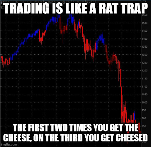 Trading is like a rat trap... |  TRADING IS LIKE A RAT TRAP; THE FIRST TWO TIMES YOU GET THE CHEESE, ON THE THIRD YOU GET CHEESED | image tagged in stock crash,trading,stocks,stonks,trap | made w/ Imgflip meme maker