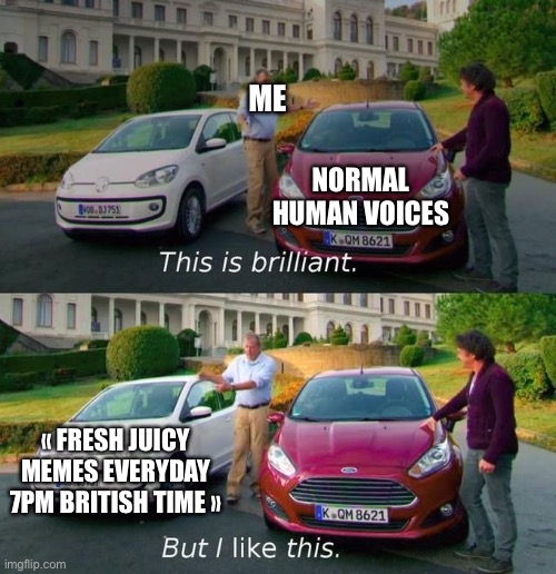 This is brilliant but I like this | ME; NORMAL HUMAN VOICES; « FRESH JUICY MEMES EVERYDAY 7PM BRITISH TIME » | image tagged in this is brilliant but i like this | made w/ Imgflip meme maker