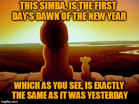 Lion King Meme | THIS SIMBA, IS THE FIRST DAY'S DAWN OF THE NEW YEAR WHICH AS YOU SEE, IS EXACTLY THE SAME AS IT WAS YESTERDAY | image tagged in memes,lion king | made w/ Imgflip meme maker