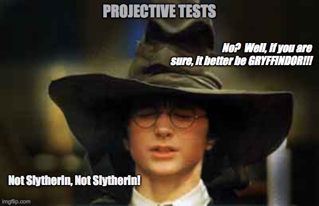 Harry Potter sorting hat | PROJECTIVE TESTS; No?  Well, if you are sure, it better be GRYFFINDOR!!! Not Slytherin, Not Slytherin! | image tagged in harry potter sorting hat | made w/ Imgflip meme maker