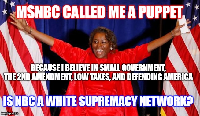 Winsome Sears | MSNBC CALLED ME A PUPPET; BECAUSE I BELIEVE IN SMALL GOVERNMENT, THE 2ND AMENDMENT, LOW TAXES, AND DEFENDING AMERICA; IS NBC A WHITE SUPREMACY NETWORK? | image tagged in winsome sears,freedom,love of country,forward | made w/ Imgflip meme maker