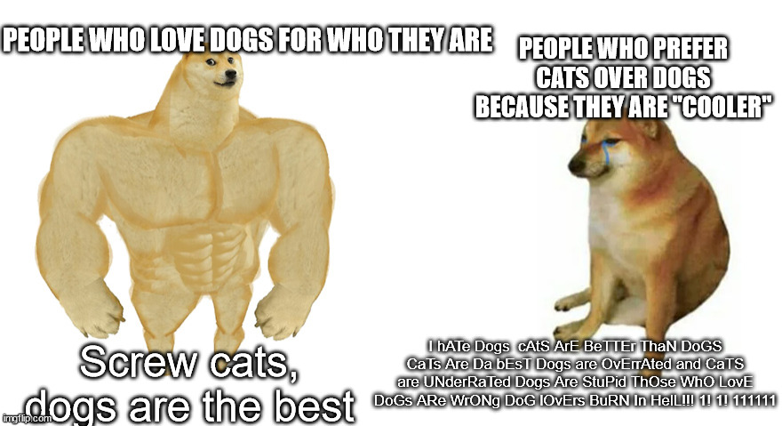 Buff Doge vs Crying Cheems | PEOPLE WHO LOVE DOGS FOR WHO THEY ARE; PEOPLE WHO PREFER CATS OVER DOGS BECAUSE THEY ARE "COOLER"; I hATe Dogs  cAtS ArE BeTTEr ThaN DoGS CaTs Are Da bEsT Dogs are OvErrAted and CaTS are UNderRaTed Dogs Are StuPid ThOse WhO LovE DoGs ARe WrONg DoG lOvErs BuRN In HelL!!! 1! 1! 111111; Screw cats, dogs are the best | image tagged in buff doge vs crying cheems,dogs,cats,dogs are better than cats,barney will eat all of your delectable biscuits | made w/ Imgflip meme maker