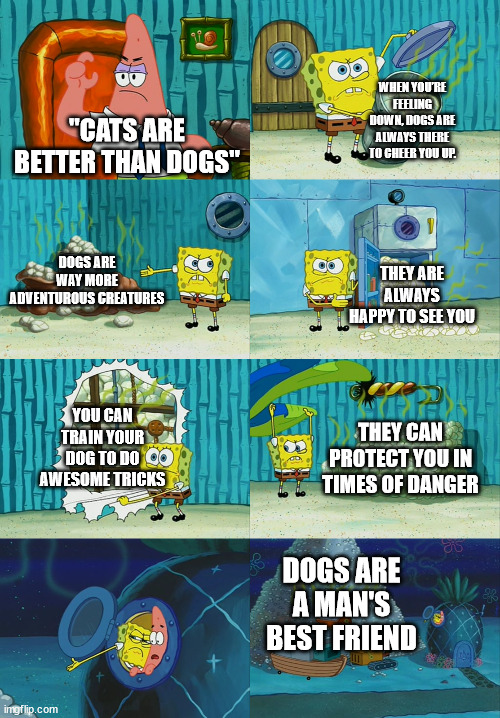 Spongebob diapers meme | WHEN YOU’RE FEELING DOWN, DOGS ARE ALWAYS THERE TO CHEER YOU UP. "CATS ARE BETTER THAN DOGS"; DOGS ARE WAY MORE ADVENTUROUS CREATURES; THEY ARE ALWAYS HAPPY TO SEE YOU; YOU CAN TRAIN YOUR DOG TO DO AWESOME TRICKS; THEY CAN PROTECT YOU IN TIMES OF DANGER; DOGS ARE A MAN'S BEST FRIEND | image tagged in spongebob diapers meme,dogs,cats,dogs are better than cats | made w/ Imgflip meme maker