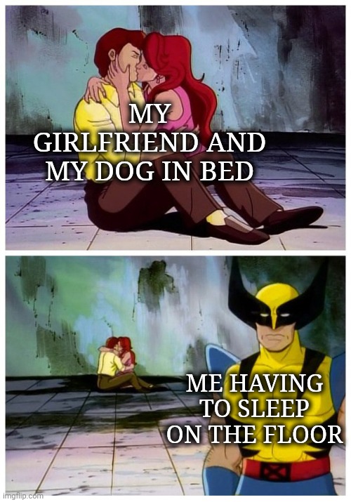 At least i didn't get kickee out.. yet. | MY GIRLFRIEND AND MY DOG IN BED; ME HAVING TO SLEEP ON THE FLOOR | image tagged in couple makes out while wolverine looks disappointed | made w/ Imgflip meme maker