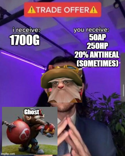 i receive you receive | 50AP
250HP
20% ANTIHEAL 
(SOMETIMES); 1700G; Ghost | image tagged in i receive you receive | made w/ Imgflip meme maker