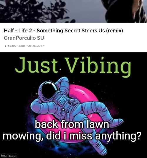 ✨vibe✨ | back from lawn mowing, did i miss anything? | image tagged in vibe | made w/ Imgflip meme maker