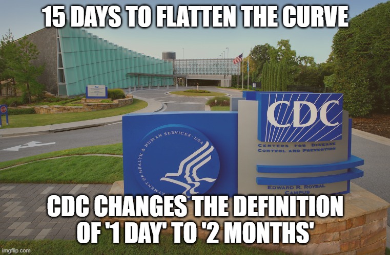 CDC Center for Disease Control where doctors try to help us | 15 DAYS TO FLATTEN THE CURVE; CDC CHANGES THE DEFINITION OF '1 DAY' TO '2 MONTHS' | image tagged in cdc center for disease control where doctors try to help us | made w/ Imgflip meme maker