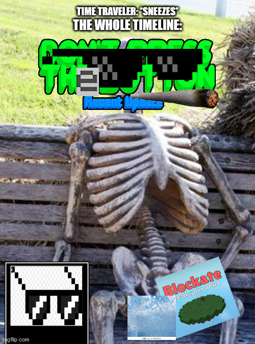Waiting Skeleton | TIME TRAVELER: *SNEEZES*; THE WHOLE TIMELINE: | image tagged in memes,waiting skeleton | made w/ Imgflip meme maker