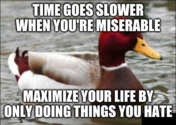 That's why rotten people live the longest | TIME GOES SLOWER WHEN YOU'RE MISERABLE; MAXIMIZE YOUR LIFE BY ONLY DOING THINGS YOU HATE | image tagged in memes,malicious advice mallard | made w/ Imgflip meme maker