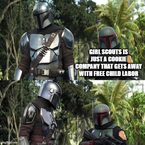 Very true | GIRL SCOUTS IS JUST A COOKIE COMPANY THAT GETS AWAY WITH FREE CHILD LABOR | image tagged in mandalorian boba fett said weird thing | made w/ Imgflip meme maker