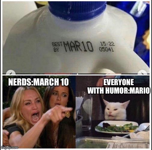 mario | EVERYONE WITH HUMOR:MARIO; NERDS:MARCH 10 | image tagged in milk | made w/ Imgflip meme maker