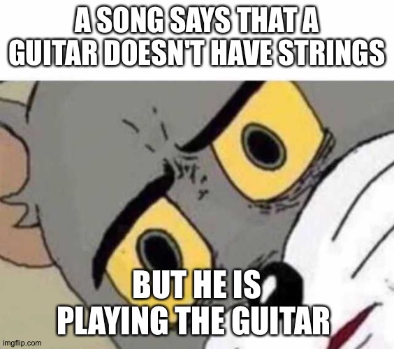 Excuse Me | A SONG SAYS THAT A GUITAR DOESN'T HAVE STRINGS; BUT HE IS PLAYING THE GUITAR | image tagged in tom cat unsettled close up | made w/ Imgflip meme maker