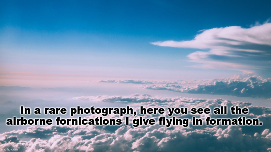 Airborne fornications | In a rare photograph, here you see all the airborne fornications I give flying in formation. | image tagged in sarcasm | made w/ Imgflip meme maker