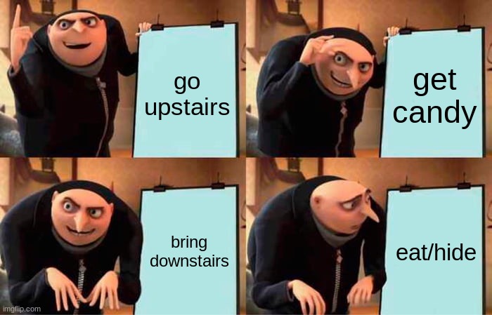 Gru's Plan | go upstairs; get candy; bring downstairs; eat/hide | image tagged in memes,gru's plan | made w/ Imgflip meme maker