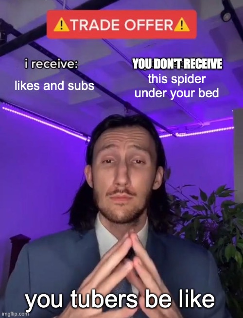 meme that is fax | YOU DON'T RECEIVE; likes and subs; this spider under your bed; you tubers be like | image tagged in trade offer,youtubers,good memes,funny memes,best memes,memes | made w/ Imgflip meme maker