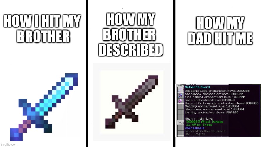 HOW MY BROTHER 
DESCRIBED; HOW MY DAD HIT ME; HOW I HIT MY 
BROTHER | image tagged in minecraft,memes,gif,not really a gif,oh wow are you actually reading these tags | made w/ Imgflip meme maker