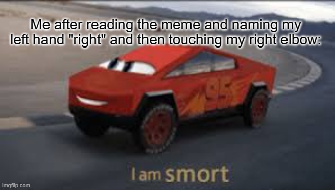 I am smort | Me after reading the meme and naming my left hand "right" and then touching my right elbow: | image tagged in i am smort | made w/ Imgflip meme maker
