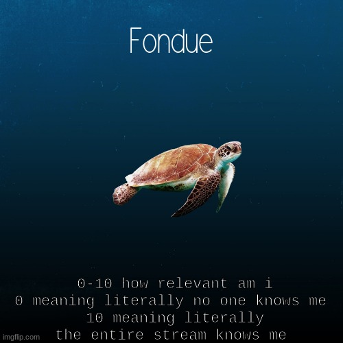 turtle template-Fondue | 0-10 how relevant am i
0 meaning literally no one knows me 
10 meaning literally the entire stream knows me | image tagged in turtle template-fondue | made w/ Imgflip meme maker