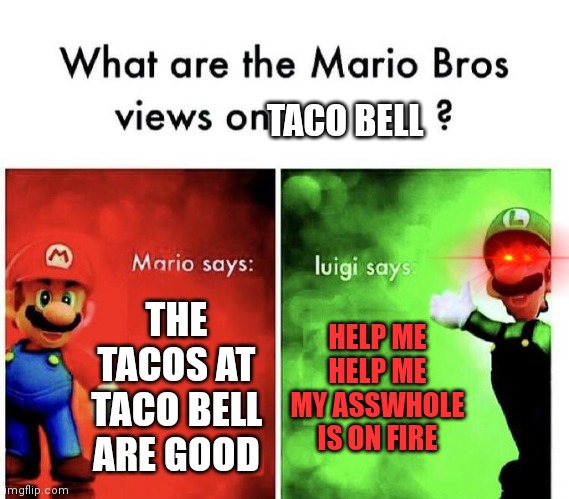 Mario Bros Views | TACO BELL; THE TACOS AT TACO BELL ARE GOOD; HELP ME HELP ME MY ASSWHOLE IS ON FIRE | image tagged in mario bros views | made w/ Imgflip meme maker