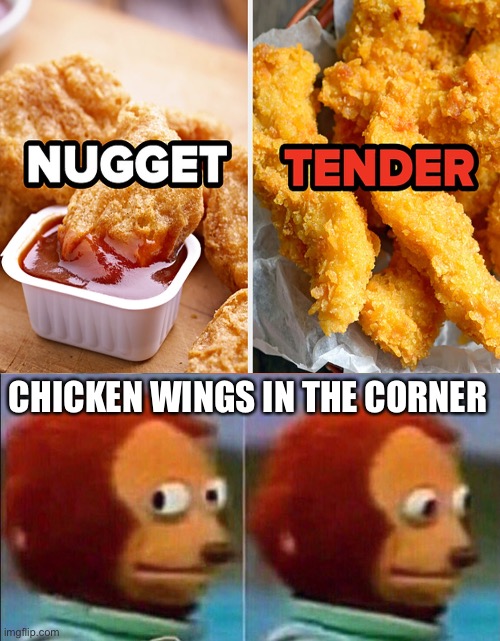 Who will win | CHICKEN WINGS IN THE CORNER | image tagged in memes,monkey looking away,chicken week | made w/ Imgflip meme maker