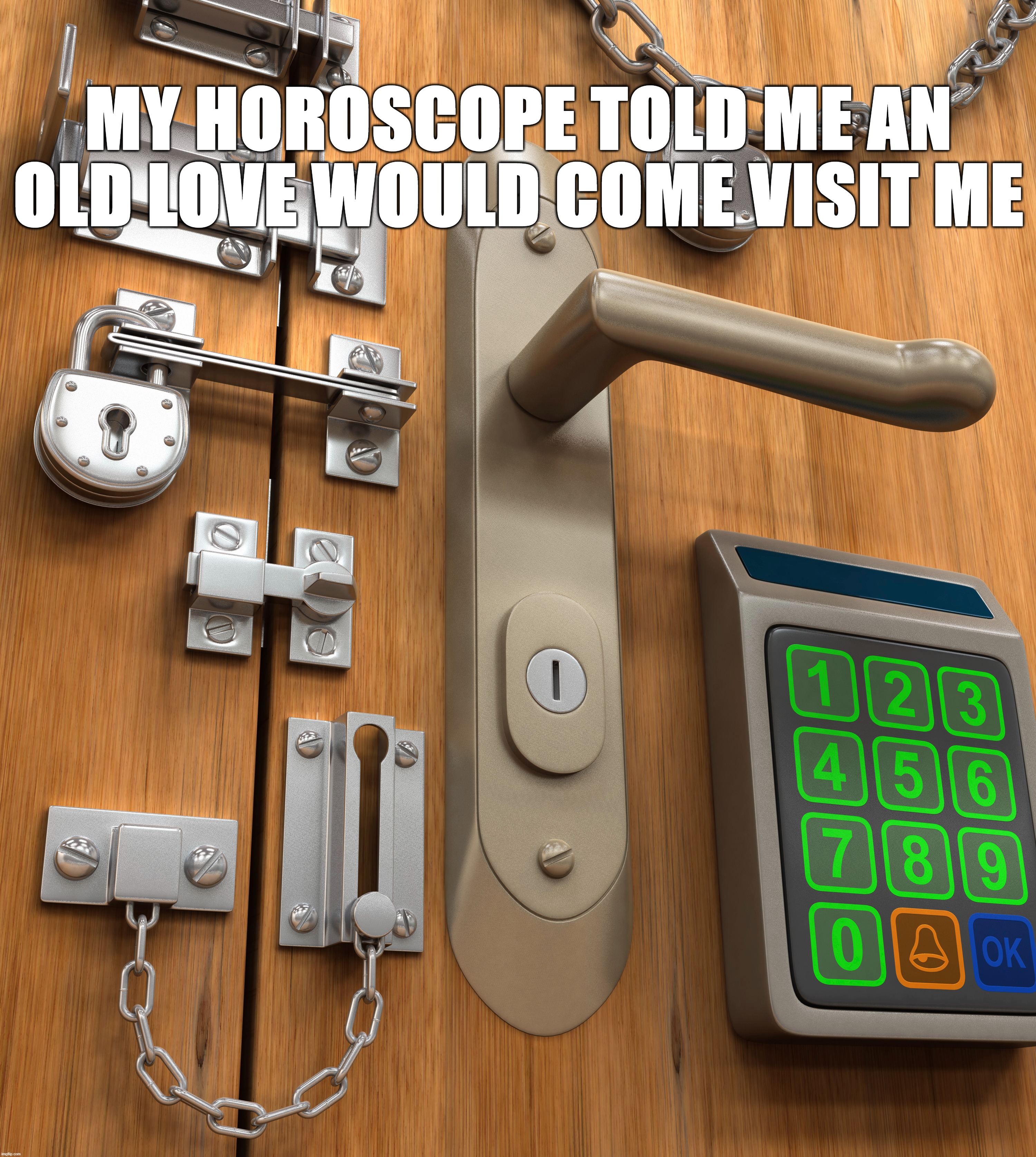 door locks | MY HOROSCOPE TOLD ME AN OLD LOVE WOULD COME VISIT ME | image tagged in door locks,old love | made w/ Imgflip meme maker