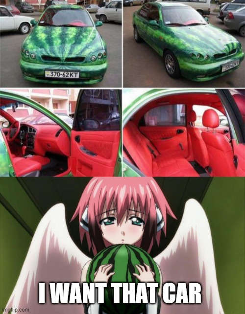 A CAR MADE FOR IKAROS | I WANT THAT CAR | image tagged in cars,strange cars,watermelon,anime,heaven's lost property | made w/ Imgflip meme maker