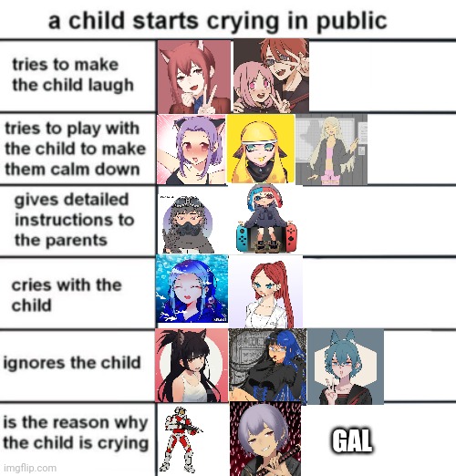 My ocs if a child starts crying in public (i can't fit all of them, 5 upvotes for part 2) | GAL | image tagged in a child starts crying in public | made w/ Imgflip meme maker