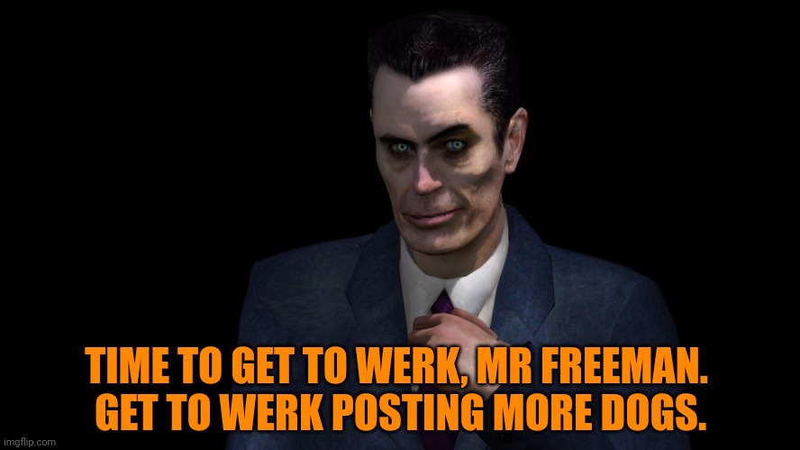 . | TIME TO GET TO WERK, MR FREEMAN. 
GET TO WERK POSTING MORE DOGS. | image tagged in g-man from half-life | made w/ Imgflip meme maker