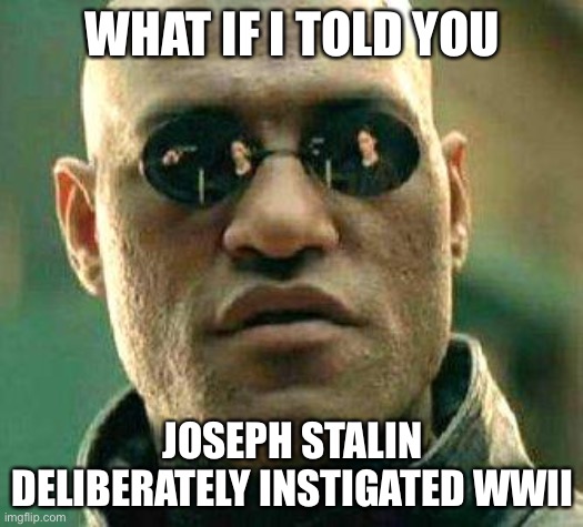 He did |  WHAT IF I TOLD YOU; JOSEPH STALIN DELIBERATELY INSTIGATED WWII | image tagged in what if i told you,funny,joseph stalin,adolf hitler,world war 2 | made w/ Imgflip meme maker