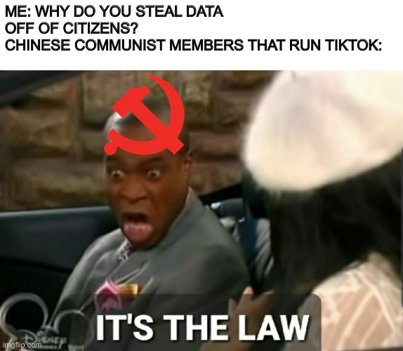 It's the law | ME: WHY DO YOU STEAL DATA OFF OF CITIZENS?
CHINESE COMMUNIST MEMBERS THAT RUN TIKTOK: | image tagged in it's the law,memes | made w/ Imgflip meme maker