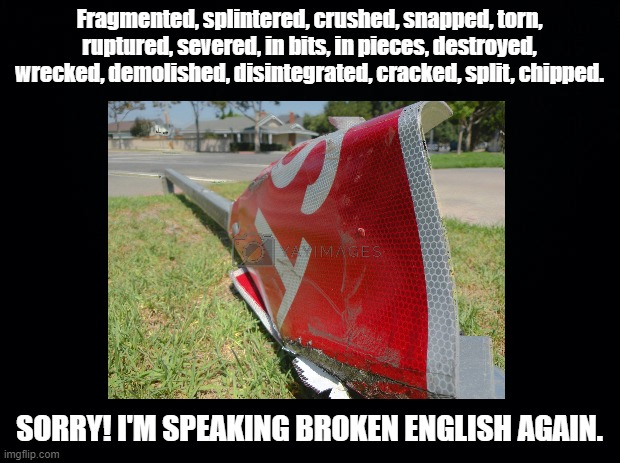 Broken English | Fragmented, splintered, crushed, snapped, torn, ruptured, severed, in bits, in pieces, destroyed, wrecked, demolished, disintegrated, cracked, split, chipped. SORRY! I'M SPEAKING BROKEN ENGLISH AGAIN. | image tagged in english,pun,synonyms | made w/ Imgflip meme maker