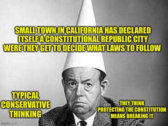 Then stay off our roads, dig your own sewers, no representation in congress, no voting for president, no federal or state funds | SMALL TOWN IN CALIFORNIA HAS DECLARED ITSELF A CONSTITUTIONAL REPUBLIC CITY WERE THEY GET TO DECIDE WHAT LAWS TO FOLLOW; THEY THINK PROTECTING THE CONSTITUTION MEANS BREAKING IT; TYPICAL CONSERVATIVE THINKING | image tagged in idiots,typical gop | made w/ Imgflip meme maker