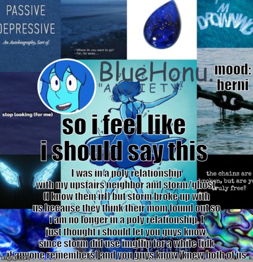 i just felt like i should let you know. | mood: herni; so i feel like i should say this; I was in a poly relationship with my upstairs neighbor and storm/ghost, (I know them irl) but storm broke up with us because they think their mom found out so i am no longer in a poly relationship. I just thought i should let you guys know, since storm did use imgflip for a while (idk if anyone remembers) and you guys know/knew both of us | image tagged in bluehonu's depresso lapis temp | made w/ Imgflip meme maker