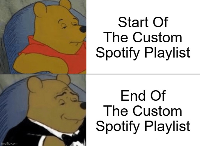 Youtube Music Listeners Can't Relate | Start Of The Custom Spotify Playlist; End Of The Custom Spotify Playlist | image tagged in memes,tuxedo winnie the pooh | made w/ Imgflip meme maker