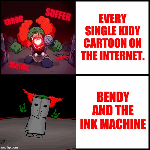 me |  EVERY SINGLE KIDY CARTOON ON THE INTERNET. BENDY AND THE INK MACHINE | image tagged in bendy | made w/ Imgflip meme maker
