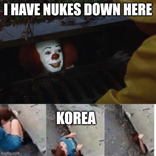Korea | I HAVE NUKES DOWN HERE; KOREA | image tagged in pennywise in sewer | made w/ Imgflip meme maker