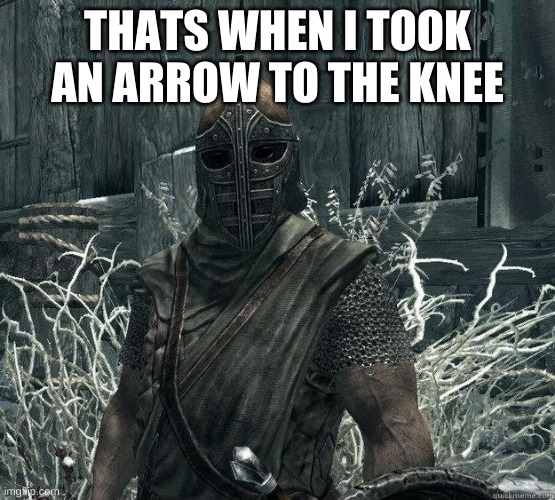 SkyrimGuard | THATS WHEN I TOOK AN ARROW TO THE KNEE | image tagged in skyrimguard | made w/ Imgflip meme maker