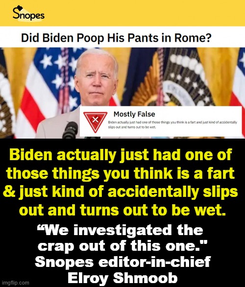 The Babylon Bee further reported that Snopes said the underwear passed the "sniff test" and backlight.... | Biden actually just had one of 
those things you think is a fart 
& just kind of accidentally slips 
out and turns out to be wet. “We investigated the 
crap out of this one."
 Snopes editor-in-chief 
Elroy Shmoob | image tagged in politics lol,gotta love the bee,joe biden,snopes,mostly false,jockeys or briefs | made w/ Imgflip meme maker