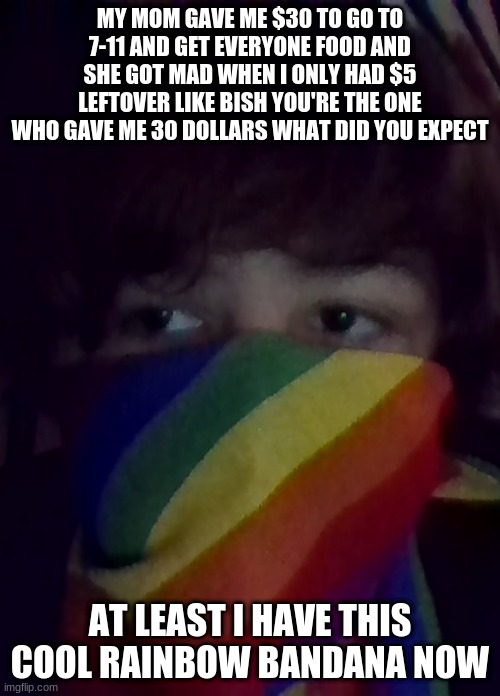 MY MOM GAVE ME $30 TO GO TO 7-11 AND GET EVERYONE FOOD AND SHE GOT MAD WHEN I ONLY HAD $5 LEFTOVER LIKE BISH YOU'RE THE ONE WHO GAVE ME 30 DOLLARS WHAT DID YOU EXPECT; AT LEAST I HAVE THIS COOL RAINBOW BANDANA NOW | made w/ Imgflip meme maker