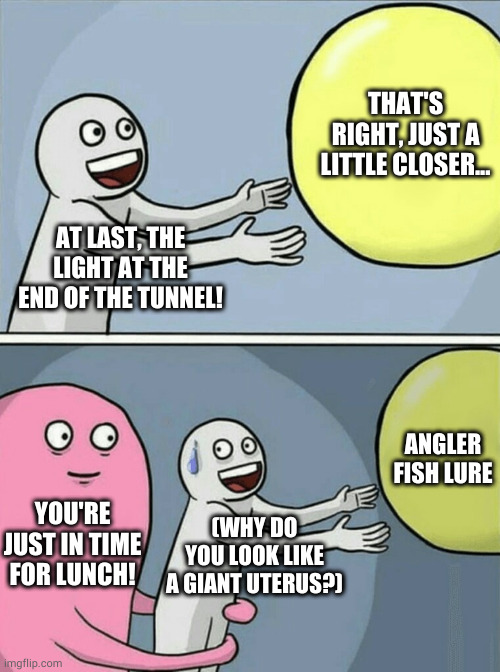 Same bad dream every night | THAT'S RIGHT, JUST A LITTLE CLOSER... AT LAST, THE LIGHT AT THE END OF THE TUNNEL! ANGLER FISH LURE; YOU'RE JUST IN TIME FOR LUNCH! (WHY DO YOU LOOK LIKE A GIANT UTERUS?) | image tagged in memes,running away balloon | made w/ Imgflip meme maker