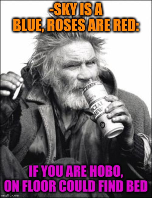 -Whatever place. | -SKY IS A BLUE, ROSES ARE RED:; IF YOU ARE HOBO, ON FLOOR COULD FIND BED | image tagged in hobo,the floor is,bedroom,roses are red,verse,finding nemo | made w/ Imgflip meme maker