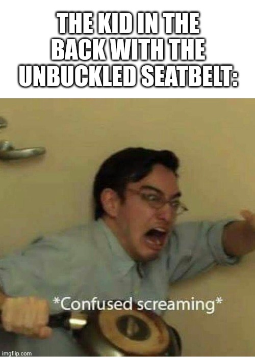 confused screaming | THE KID IN THE BACK WITH THE UNBUCKLED SEATBELT: | image tagged in confused screaming | made w/ Imgflip meme maker