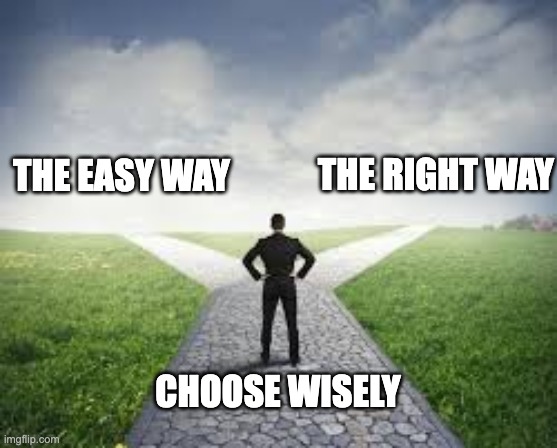 Two Paths In Life | THE EASY WAY; THE RIGHT WAY; CHOOSE WISELY | image tagged in different roads | made w/ Imgflip meme maker